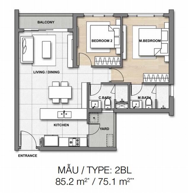 Mặt bằng căn hộ Loại 2 phòng ngủ Palm heights (85.2 / 75.1 m2)