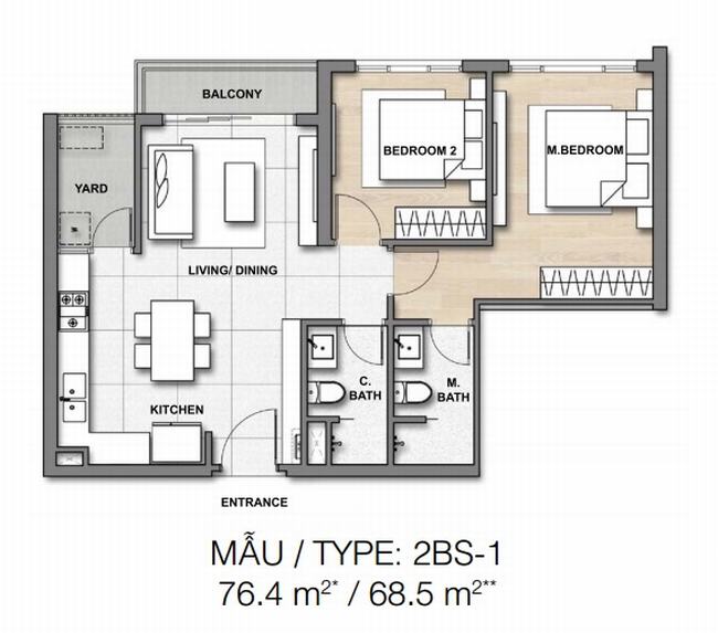 Mặt bằng căn hộ Loại 2 phòng ngủ Palm heights (76.4 / 68.5 m2)