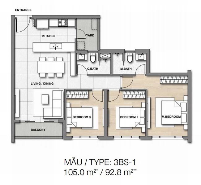 Mặt bằng căn hộ Loại 3 phòng ngủ Palm heights (105.0 / 92.8 m2)