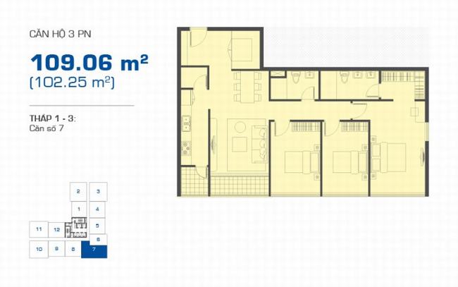mặt bằng căn hộ 3 phòng ngủ 109.06m2 vị trí số 7 tháp 1 - 3