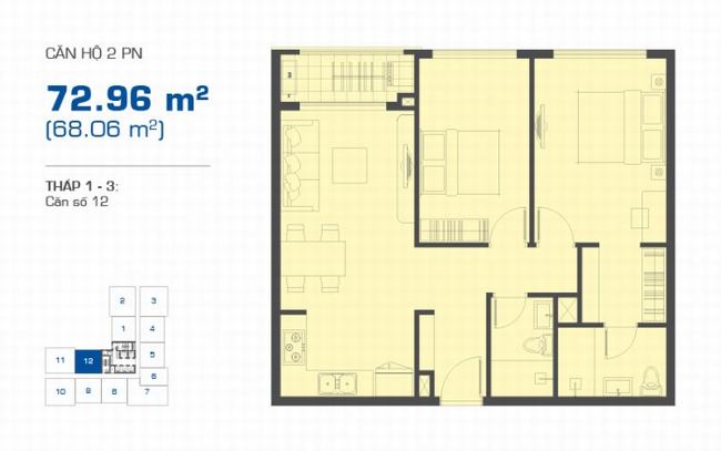 mặt bằng căn hộ 2 phòng ngủ 72.96m2 vị trí số 12 tháp 1 - 3