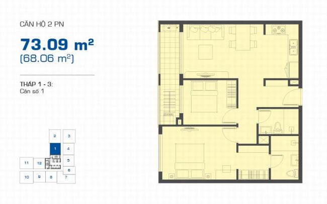 mặt bằng căn hộ 2 phòng ngủ 73.09m2 vị trí số 1 tháp 1 - 3