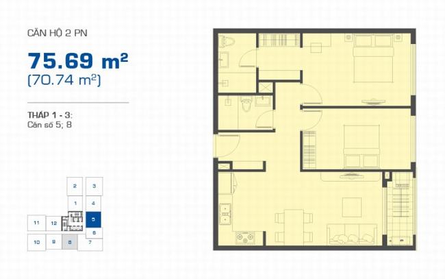 mặt bằng căn hộ 2 phòng ngủ 75.69m2 vị trí số 5 và 8 tháp 1 - 3