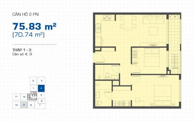 mặt bằng căn hộ 2 phòng ngủ 75.83m2 vị trí số 4 và 9 tháp 1 - 3
