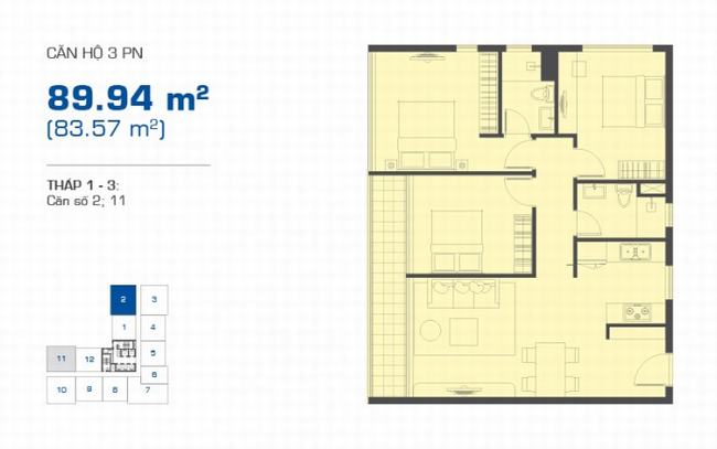 mặt bằng căn hộ 3 phòng ngủ 89.94m2 vị trí số 2 và 11 tháp 1 - 3