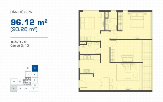 mặt bằng  căn hộ 3 phòng ngủ 96.12m2 vị trí số 3 và 10 tháp 1 - 3