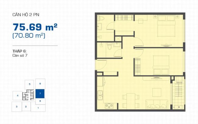 Mặt bằng căn hộ 2 phòng ngủ 75.69m2 tháp 6