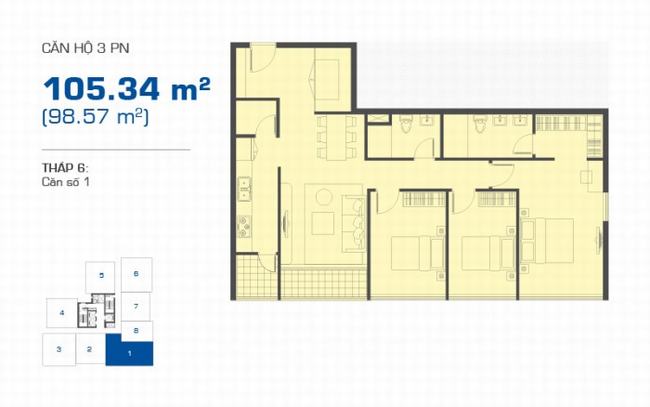 Mặt bằng căn hộ 3 phòng ngủ 105.34m2 tháp 6