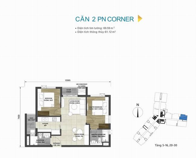 Mặt bằng căn hộ 2 Corner phòng ngủ 69,59m2 dự án D-Homme Quận 6