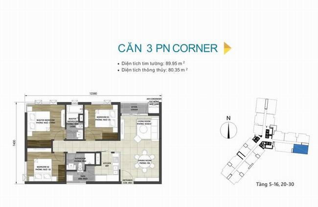 Mặt bằng căn hộ 3 phòng ngủ Corner 89,95m2 dự án D-Homme Quận 6